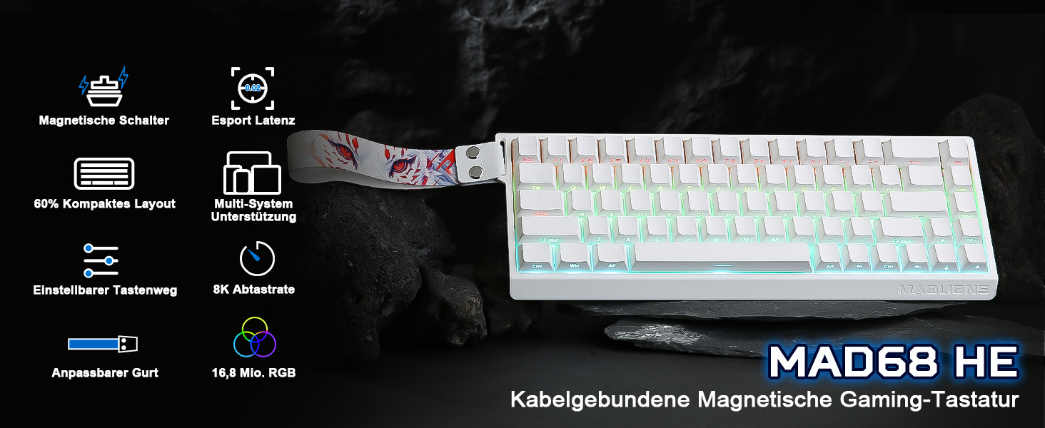 Механічна ігрова клавіатура YUNZII MADLIONS MAD68 з провідним підключенням, 60% розмір, Hall Effect перемикачі, регульована чутливість, PBT клавіші, RGB підсвічування, 8K polling rate (біла, перемикач Magnetic Amber Pro)