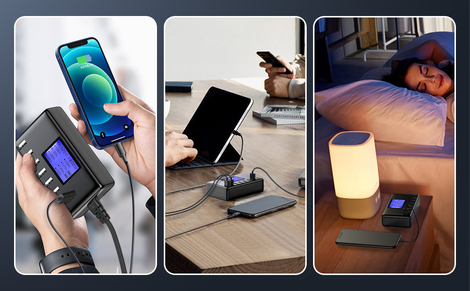 Зарядний пристрій USB 60W, 8 портів, з LCD дисплеєм, USB-C Hub для iPhone, iPad, Android, Samsung, Huawei, Kindle - Чорний