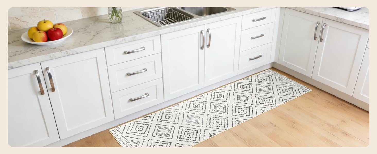 Килимок-довгий килим для коридору 60 x 180 см, неслизький для кухні, з коротким ворсом, пральний, складаний, у стилі бохо – для коридору, кухні, вітальні та офісу, чорно-білий 60 x 180 см
