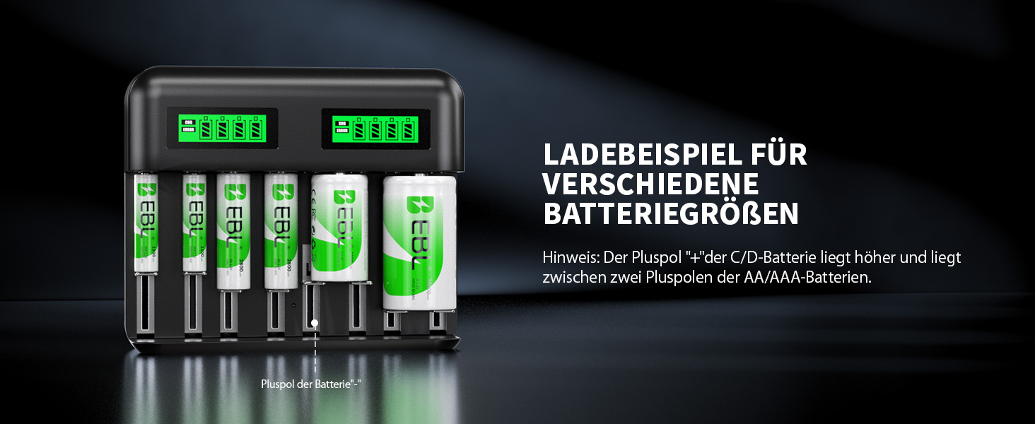 Зарядний пристрій EBL для акумуляторів AA AAA C D NI-MH, Type-C, LCD дисплей, швидка зарядка