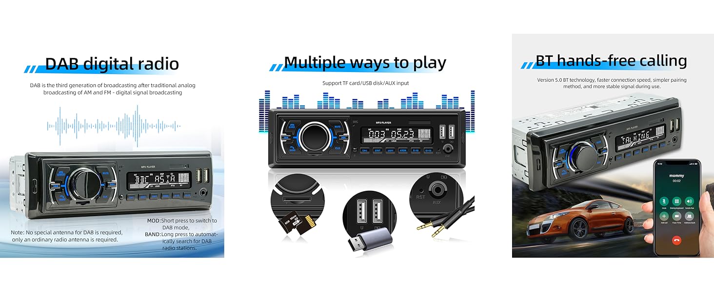 Автомагнітола M.I.C.D3307 з DAB+, Bluetooth, FM-радіо, USB, microSD, AUX, мікрофоном, керуванням з керма, 1 DIN, підтримка MP3/WAV, зарядка смартфона