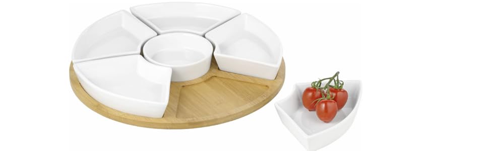 Esmeyer Caterado Rotating Serving Tray SUSAN with 6 white porcelain bowls and a bamboo tray, 34 x 34 x 6.5 cm