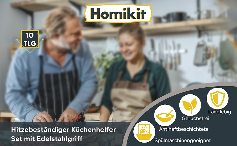 Набір кухонного приладдя Homikit 10 шт. силіконовий з нержавіючою сталлю, чорний, антипригарний, жаростійкий, для посуду, безпечний, можна мити в посудомийній машині