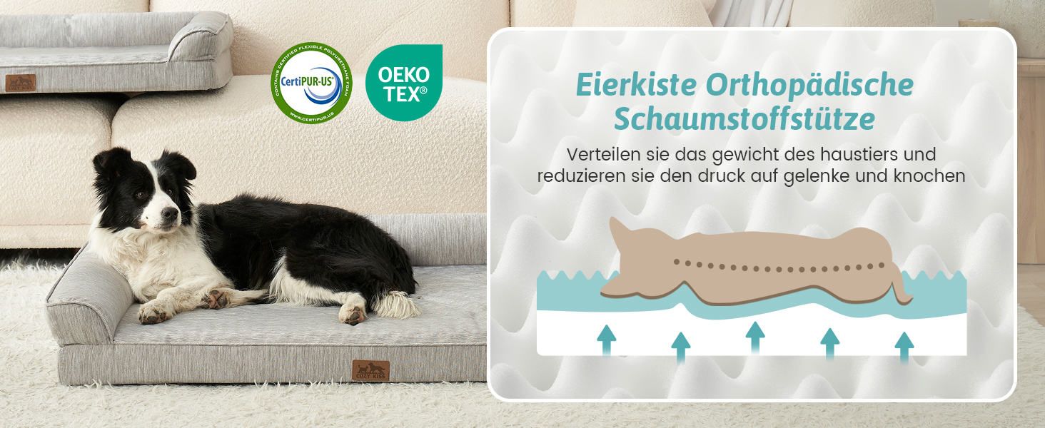 Ортопедичне ліжко для собак середнього розміру COZY KISS з знімним, пральним чохлом. Підтримує хребет, водонепроникні бортики та протиковзна основа. Розмір: 91x69x16 см, колір: сріблясто-сірий