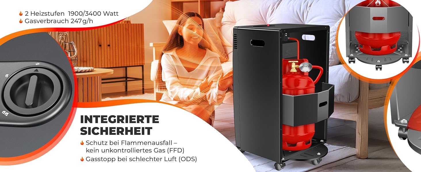 Газовий обігрівач KESSER® - газовий камін з інфрачервоним нагрівачем, 3.4 кВт, 2 режими, з газовим редуктором та шлангом, для бутану/пропану, антрацит