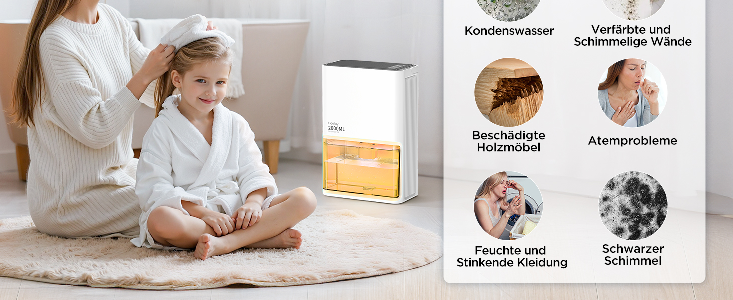 Електричний осушувач повітря тихий Pro-2000ml, 2000 мл, до 650 мл/день, для спальні, ванної кімнати, дому, білий