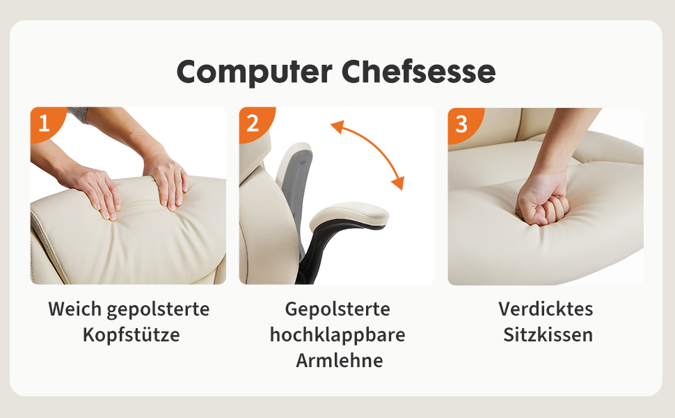 Крісло шеф-кухаря Sweetcrispy з PU шкіри, ергономічне офісне крісло, крісло для комп'ютера з високою спинкою, геймерське крісло для роботи та відпочинку, біле