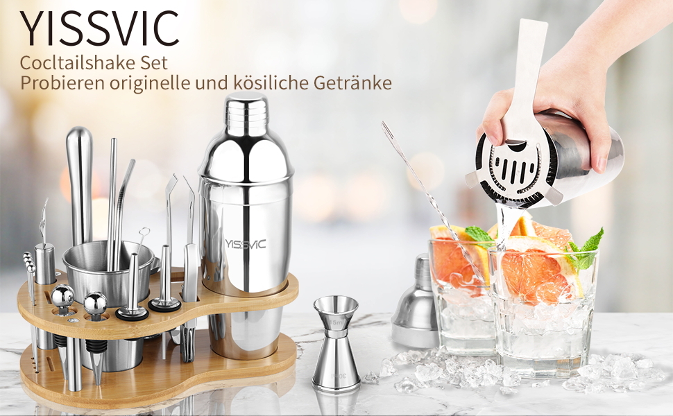 Набір для коктейлів YISSVIC 22 частини: шейкер, мірні склянки, ложка, наливник, підставка з бамбука. Подарунок для професіоналів та початківців