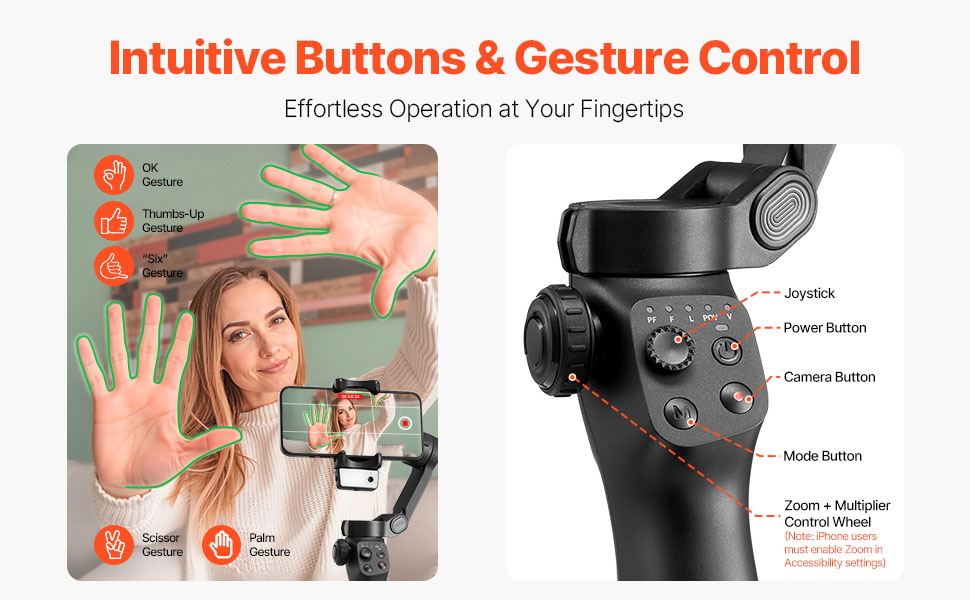 Стабілізатор для смартфона VEVOR з 3-осьовою стабілізацією, трекінг облич/об'єктів, штатив, портативний та складаний, для відеозйомки, DC 3.5–4.2V (без підсвічування, AI-трекінг)