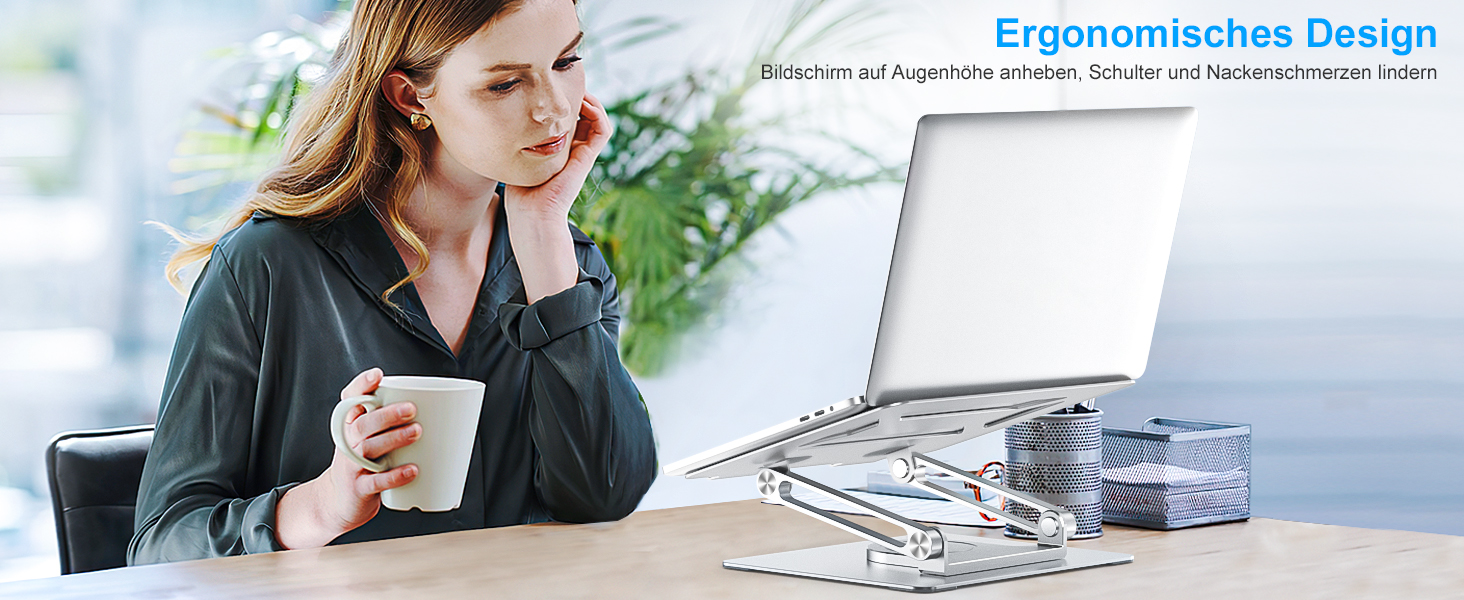 Adjustable Laptop Stand for Desk - 360° Rotating Base, Ergonomic Foldable Riser - Compatible with MacBook Pro/Air & Laptops up to 17 inch - Silver