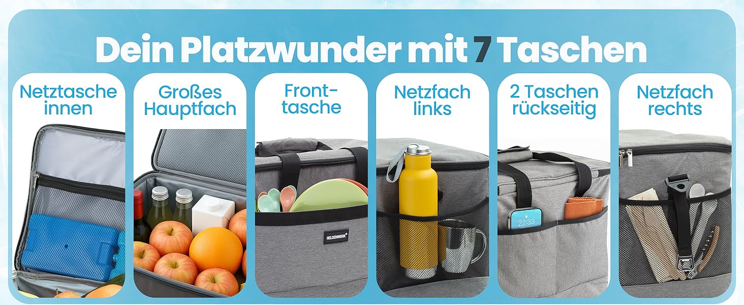 Термосумка HELDENWERK 33L з 7 відділеннями – велика, складна, витримує до 12 годин, виготовлена з темного сірого кольору, з посиленим дном, для пікніка, обіду, виготовлена з водонепроникного матеріалу
