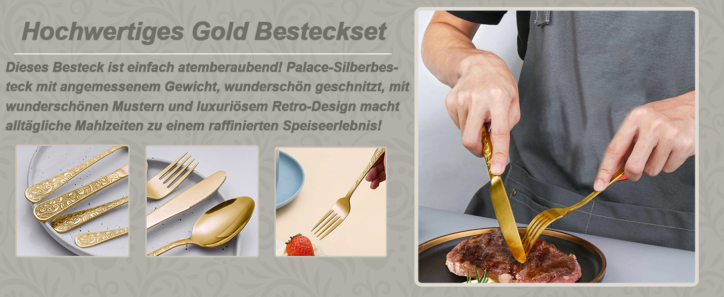 Набір столових приборів 24 предмети в золотистому вінтажному стилі для 6 осіб, нержавіюча сталь, з гравіюванням, високоякісне полірування