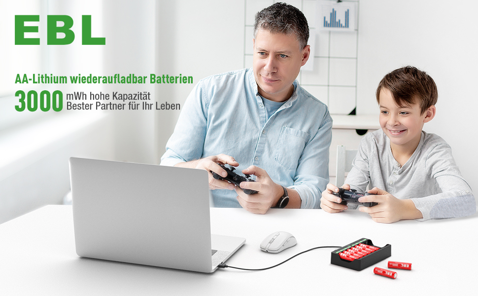 Акумулятори AA EBL 8 шт. 1.5V 3000mWh, перезаряджувані, з зарядним пристроєм M7012, LED дисплеєм, Micro-USB, USB 5V 2A