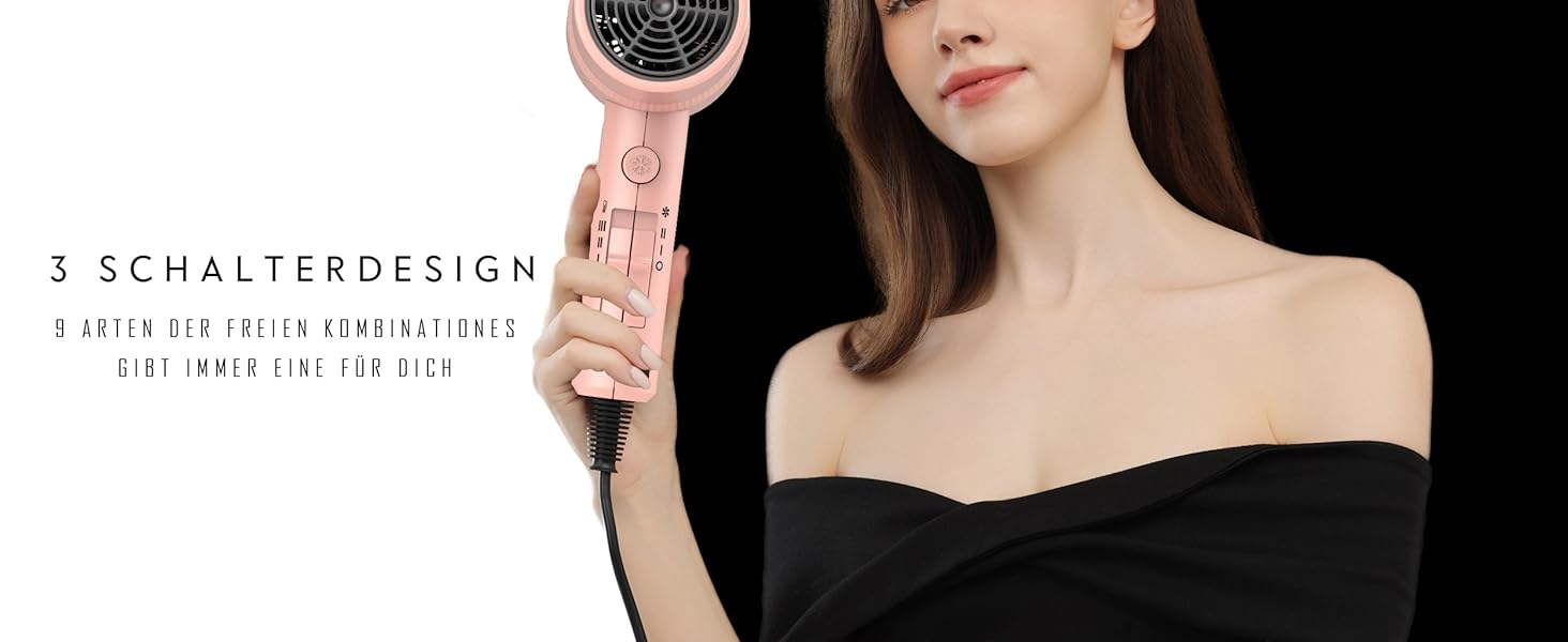 Фен AINA з дифузором для волосся | Іон-технологія, керамічне покриття, холодний струмінь | Швидке сушіння та блиск | 230v~, Baby Rosa