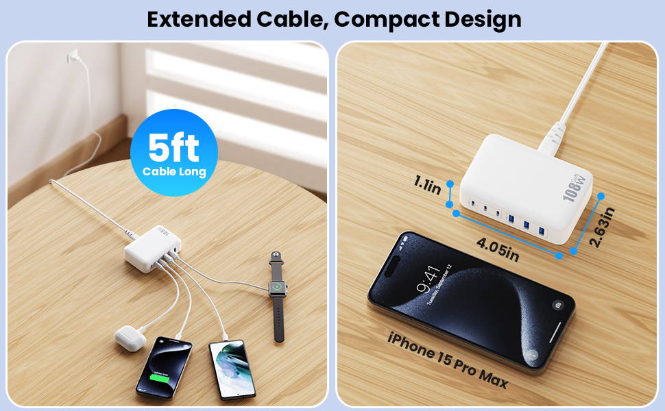 Зарядний пристрій USB C 108W GaN III, 6 портів: PD + QC для iPhone 16/15, iPad, AirPods, Samsung, Switch - Білий