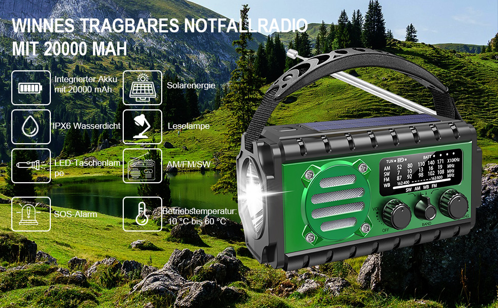 Радіо Winnes для надзвичайних ситуацій з живленням 20000 mAh, AM/FM, ліхтарик, SOS-сигнал, сонячна зарядка, ручна зарядка, для смартфонів (зелене)