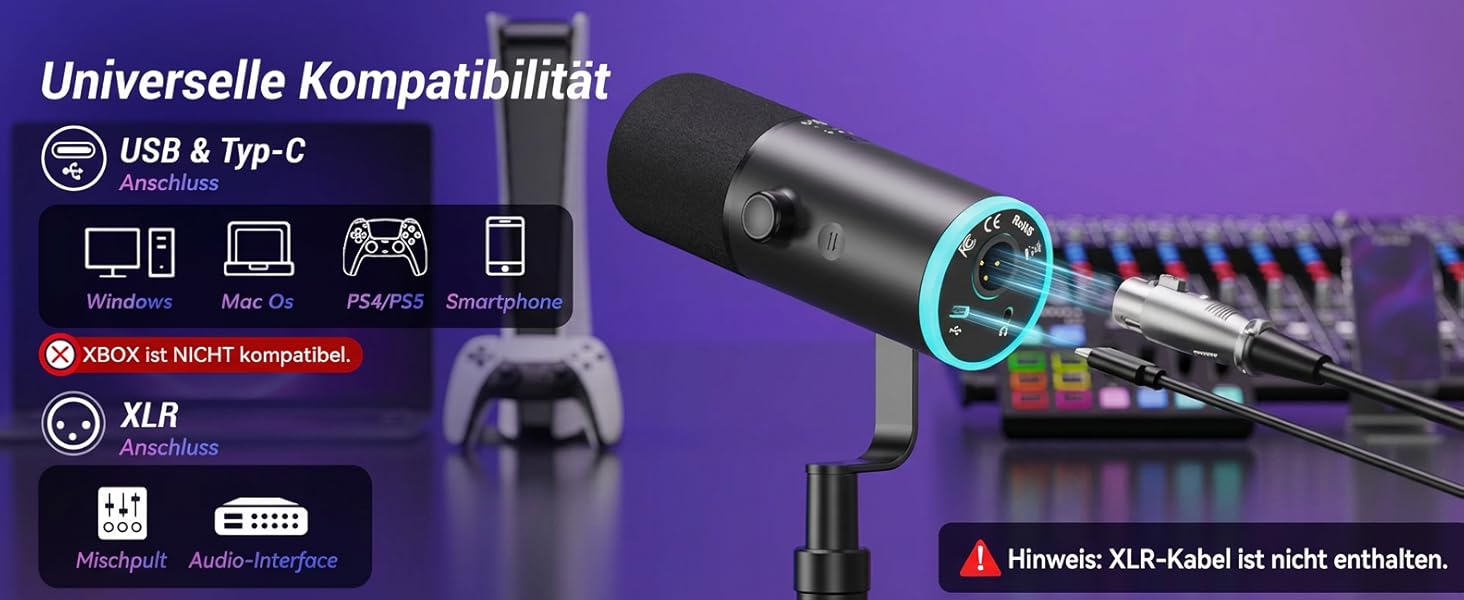 Професійний геймерський мікрофон TONOR TD510 AIR S+H XLR/USB з шумозаглушенням AI, RGB підсвічуванням, Tap-Mute, чорний
