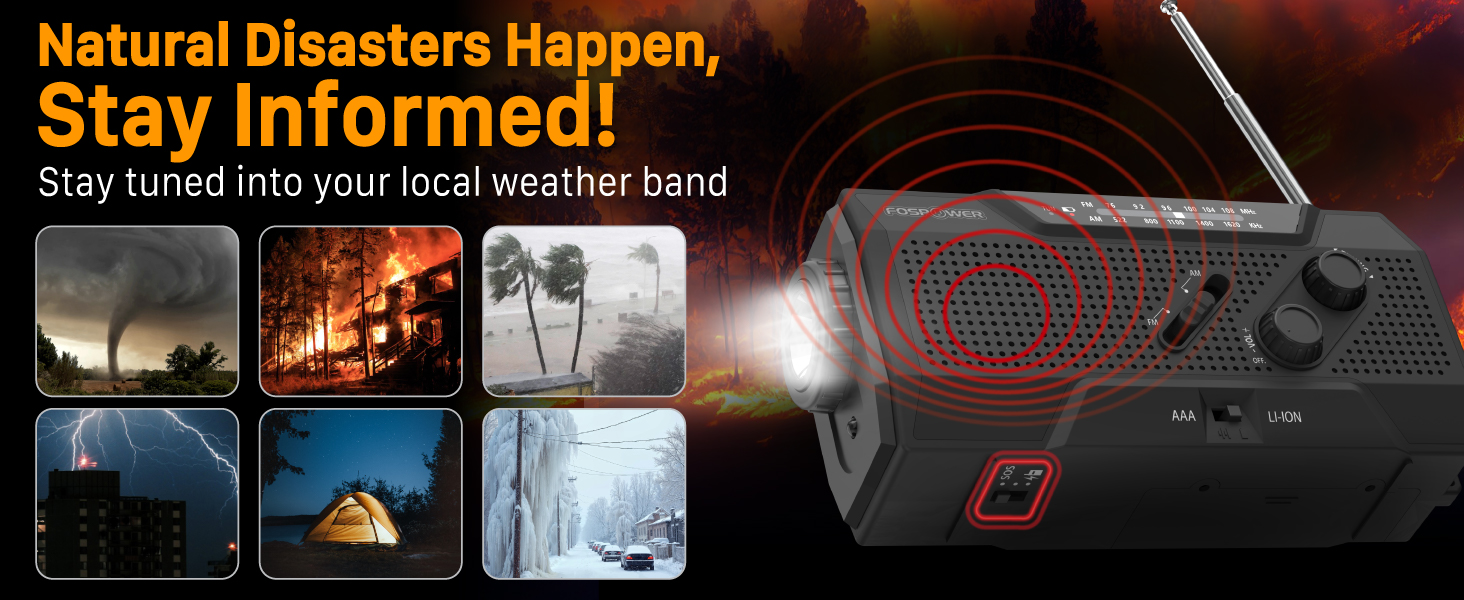 Радіо на сонячній енергії FosPower з живленням від акумулятора 10000mAh - радіо NOAA/AM/FM, USB/Solar/Ручний заряд, SOS-сигнал, ліхтарик для надзвичайних ситуацій (7400mWh, чорний)