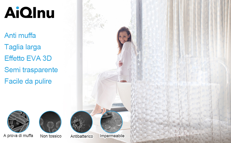 Шторка для душу AiQInu 180x200 см, 3D Eva, прозора, антигрибкова, водонепроникна, для ванної кімнати, з 12 гачками