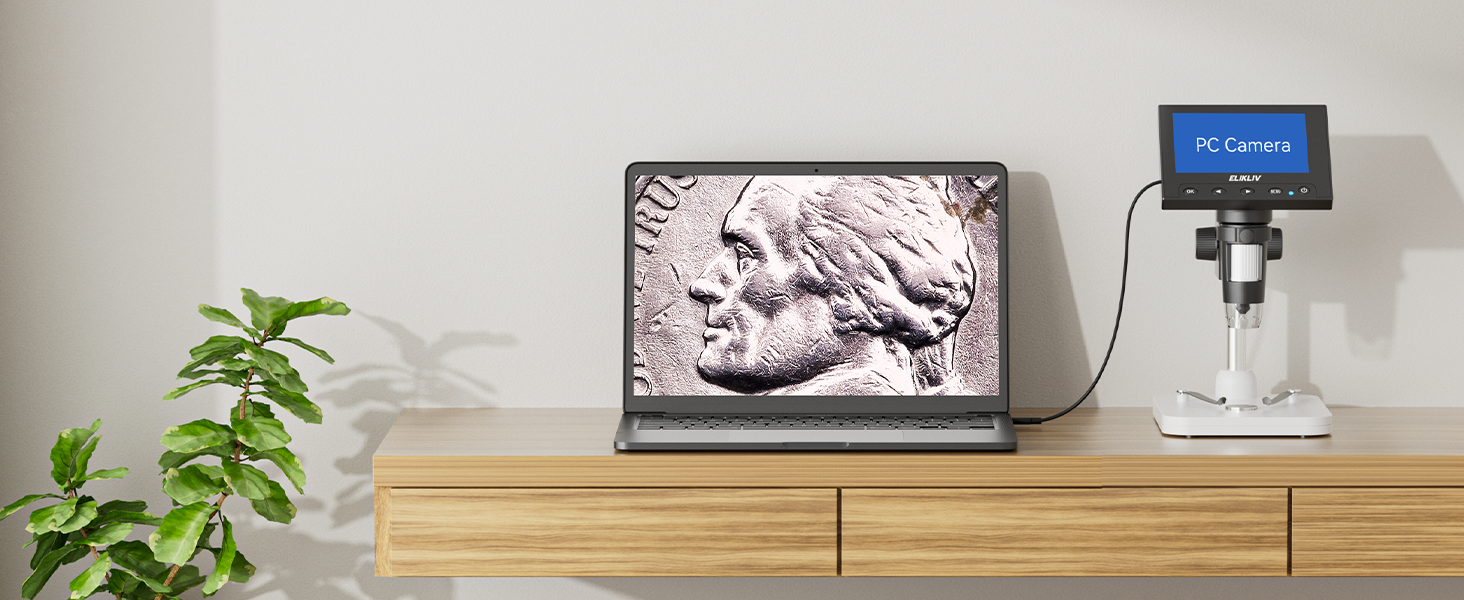 Цифровий мікроскоп Elikliv з LCD-дисплеєм для монет, 1000x, з 8 регульованими LED-підсвіткою, сумісний з PC (Windows/MacBook), EDM4, 4.3 дюйми