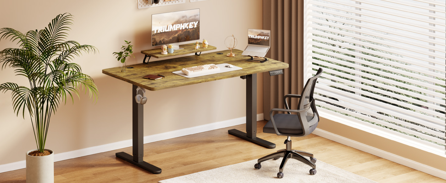 Adjustable Height Standing Desk with Monitor Stand - Electric Ergonomic Desk, 120x60cm & 180x80cm White/Vintage Brown