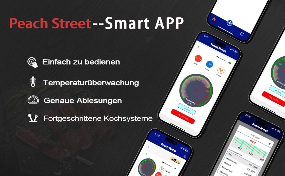 Бездротовий термометр для м'яса PeachStreet з Bluetooth, LED-дисплеєм, 150м, IP68, для кухні, гриля, духовки