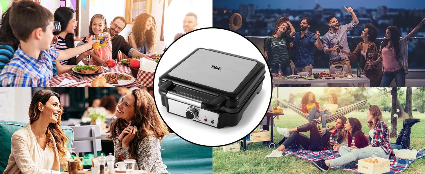 YASHE Belgian Waffle Maker - 4 Square Waffle Plates, 1200W, Non-Stick Coating, Adjustable Browning Control, Overflow Prevention, Silver/Black
