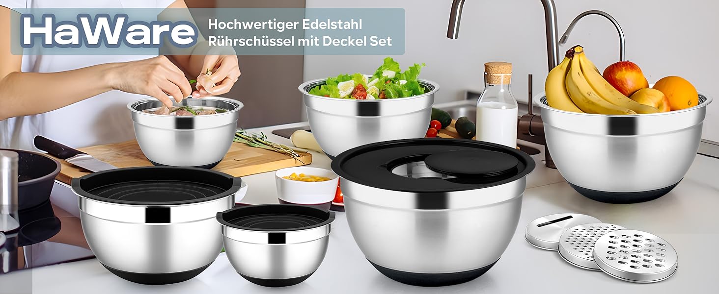 HaWare Mixing Bowl Set of 6, Stainless Steel Bowl Salad Bowl Set with Airtight Lid & 3 Grater Attachments, 4.6L/2.8L/2.5L/1.6L/1.2L/0.7L, Non-Slip Silicone Bottom & Dishwasher Safe, Black