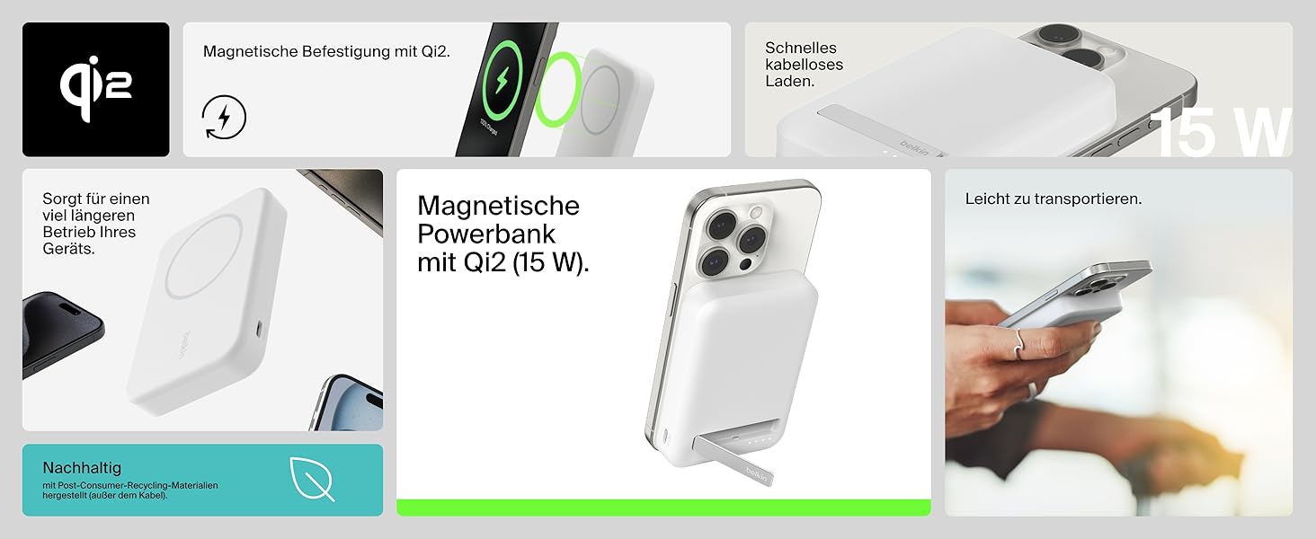 Belkin BoostCharge Pro Powerbank 10000mAh з Qi2, MagSafe, вбудований стійка, для iPhone 17, Air, 16, 15, 14, Pixel та інших – білий