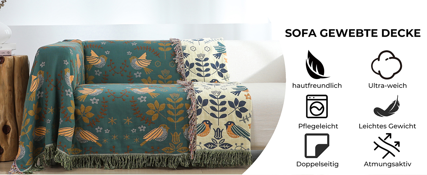 Двосторонній плед Boho 100% бавовна 200×230 см, мусліновий покривало для дивану, крісла та ліжка, м'який і затишний, синьо-бежевий