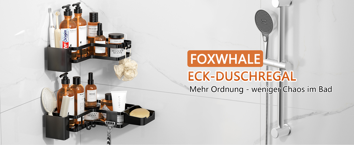 Настінна поличка для душу FOXWHALE без свердління, 2 шт. Чорний кутовий органайзер для ванної кімнати з 2 тримачами для зубної пасти та 4 знімними гачками, підходить для шампуню та гелю для душу