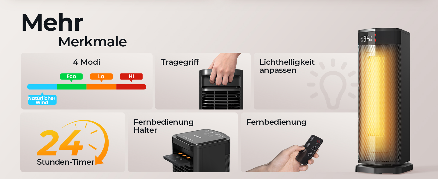 Електричний обігрівач 2000W з економічним споживанням, тихий, з таймером 24 години, осциляція 90°, захист від перекидання та перегріву, чорний