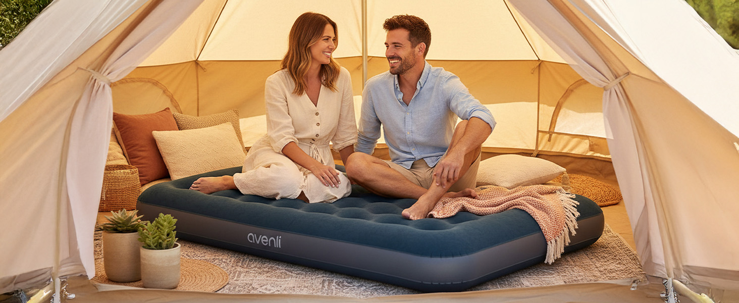 Надувний матрац для кемпінгу AVENLI з 2 подушками та насосом для 2 осіб (203x152x22 см) - зручне ліжко для відпочинку та подорожей