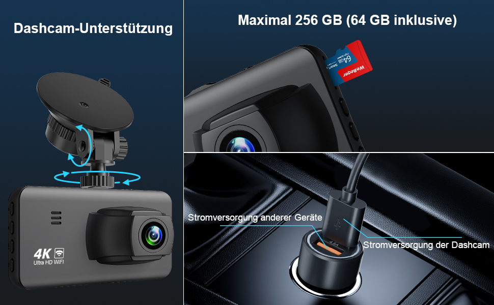 Відеореєстратор у машину Dashcam 4K з двома камерами, WiFi, 64GB SD карта, паркувальний асистент, нічне бачення, 170°+140° кут огляду, 3' IPS дисплей, G-сенсор, циклічна запис, паркування, підтримка карт до 256GB