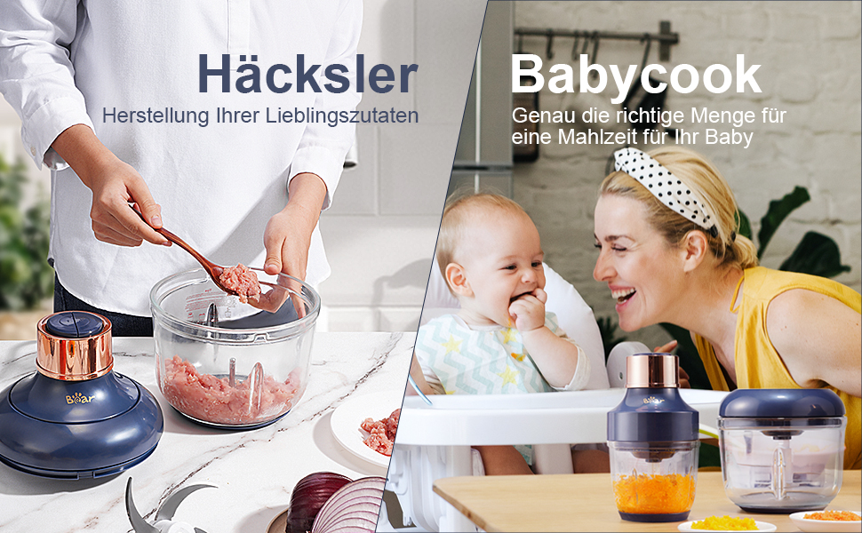 Електричний подрібнювач Bear Mini 0.6L+2L: подрібнювач для м'яса, овочів, фруктів та дитячого харчування з 4-ма лезами з нержавіючої сталі та м'ясорубкою