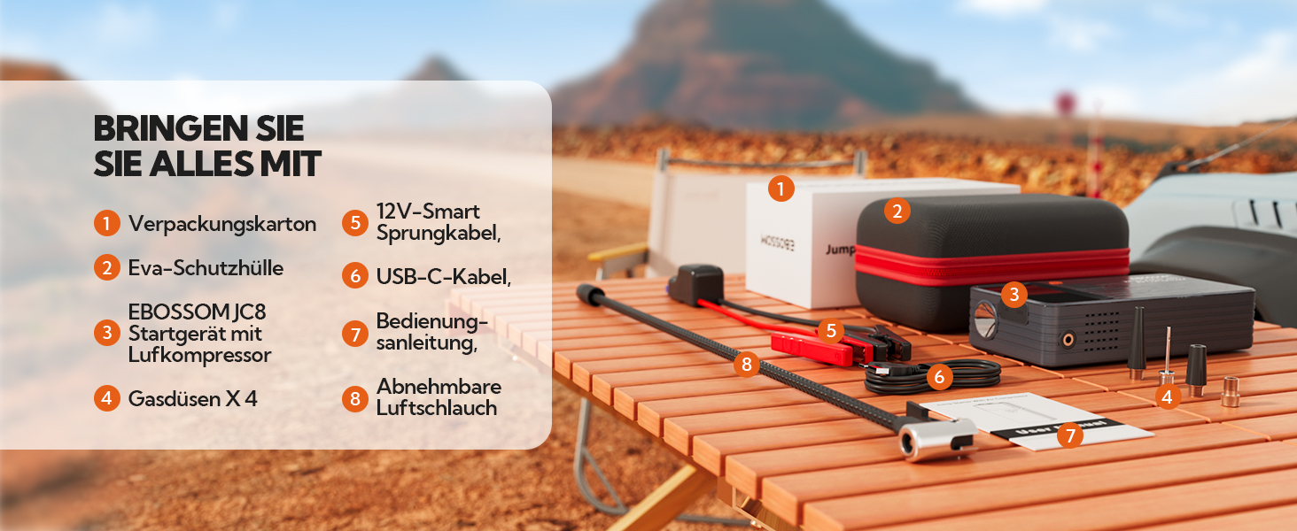 Powerbank Starthilfe JC8-12000mAh: Powerbank для авто з компресором, 12000mAh, LED-лампа, USB-C, ресeт-комплект