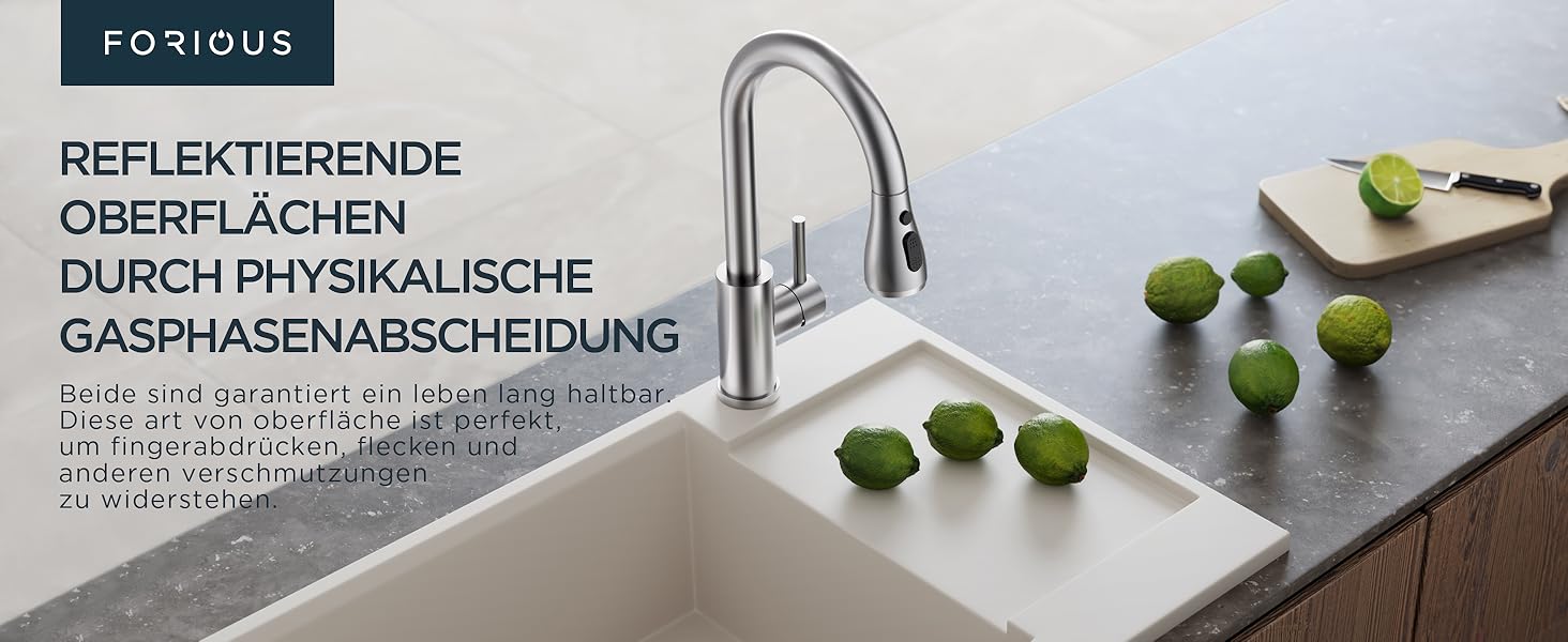 Змішувач для кухні FORIOUS з висувною лійкою, 360° обертання, 2 режими, нержавіюча сталь