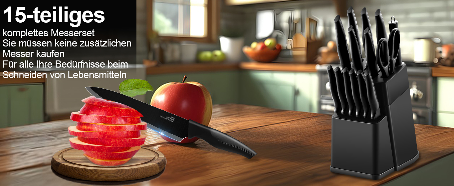 Набір ножів Joyfair 15 предметів з підставкою, з високоякісної нержавіючої сталі, з точильним каменем, кухонний набір з кухонним ножем, ножем для хліба, ножицями та ножами для нарізки та подрібнення, чорний