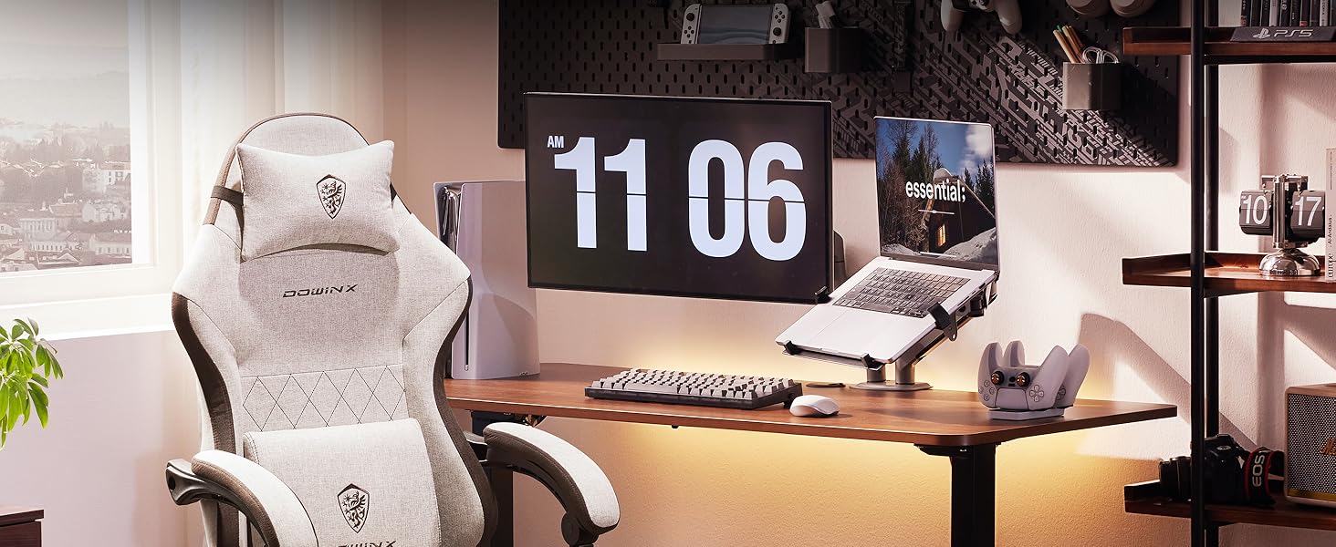 Ігровий крісло Dowinx з тканиною та пружинним сидінням, масажною підтримкою попереку, підніжкою для ніг, ергономічний дизайн, велике та високе, для офісу та ігор, 135 кг, коричневий