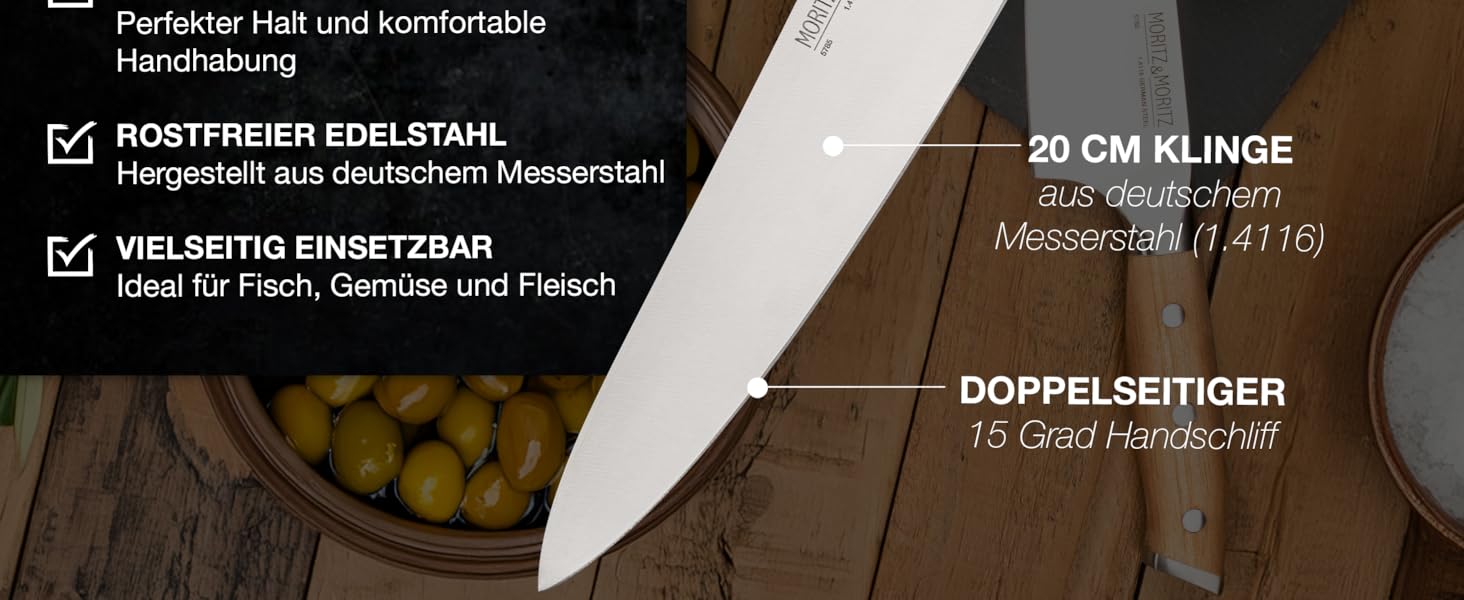 Ніж кухарський Moritz & Moritz 20 см - професійний, з нержавіючої сталі, з ергономічною ручкою з акації