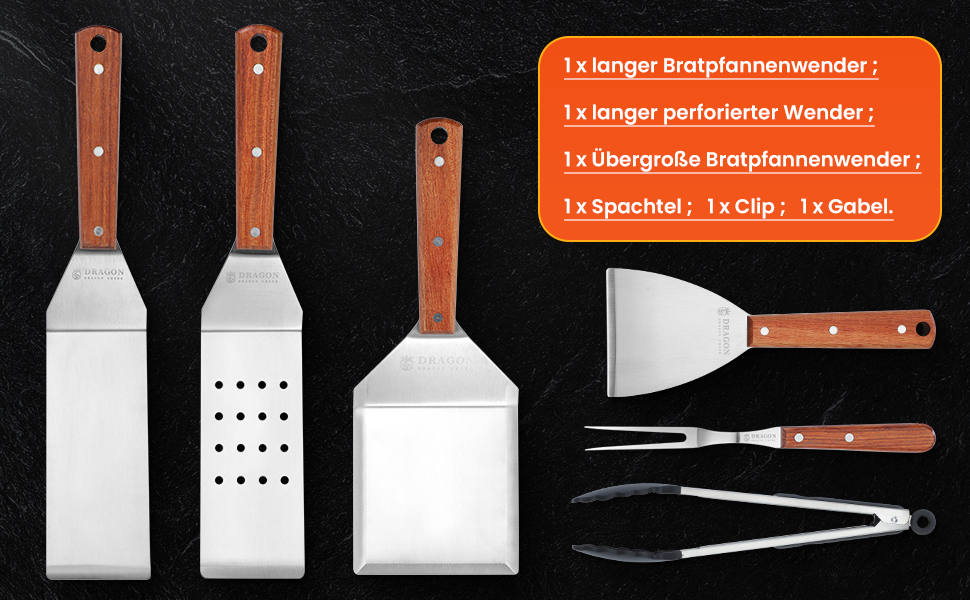 Набір гриль-інструментів Dragon Creek: 6 штук, нержавіюча сталь, аксесуари для гриля, професійний набір для барбекю, лопатка для гриля, з сумкою, ідеально для гриля, тепаньякі, подарунок для чоловіків