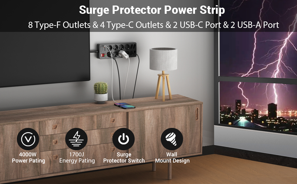 Мережевий фільтр із захистом від перенапруги 10 розеток, USB-C, з вимикачем, 4 USB-порти, 1,5м, чорний (12 розеток)