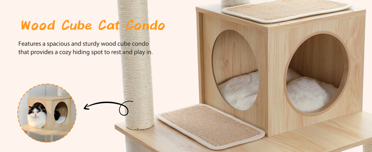 Дерев'яний кігтеточка для котів Petpela Katzenbaum 143см з гамаком та лежаком, обтягнутий сизалевим мотузком, бежевий