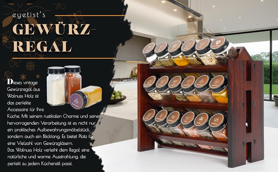 Elegant dark spice rack, wood, standing & wall mounted. 18 SPICE JARS, 25 LABELS. Spice organizer, spice rack, kitchen shelf, wood, vintage. Spice rack - spice rack system hanging - spice storage