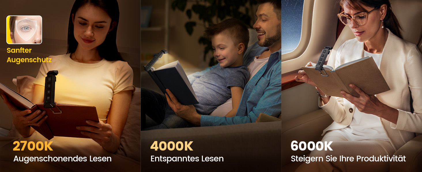 Лампа для читання Glocusent з кріпленням-прищіпкою, 5 режимів яскравості, 3 кольори, таймер, нічник, 65 lm, USB-зарядка, сірий колір