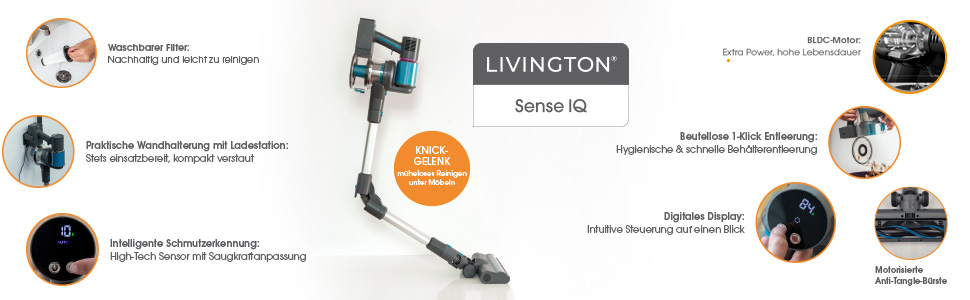 Бездротовий акумуляторний пилосос LIVINGTON Sense IQ з LED-щіткою та гнучким з'єднанням, з функцією розпізнавання бруду та 4-шаровим фільтром, тихий бездротовий пилосос без мішка