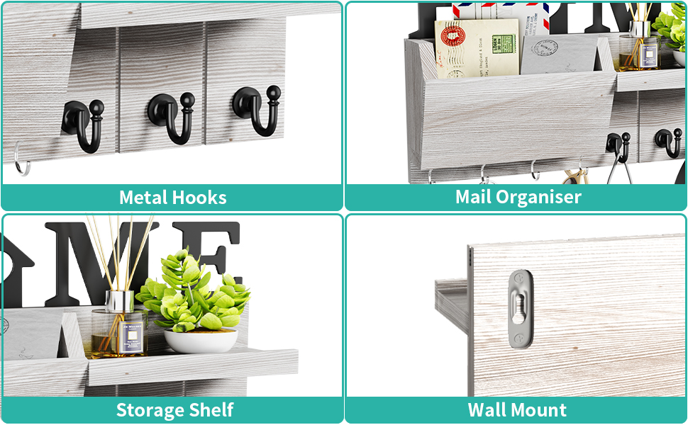 Дерев'яна ключниця HapiRm з декором HOME, 7 гачків, полиця для дрібниць, підходить для прихожої, спальні, офісу (біла)