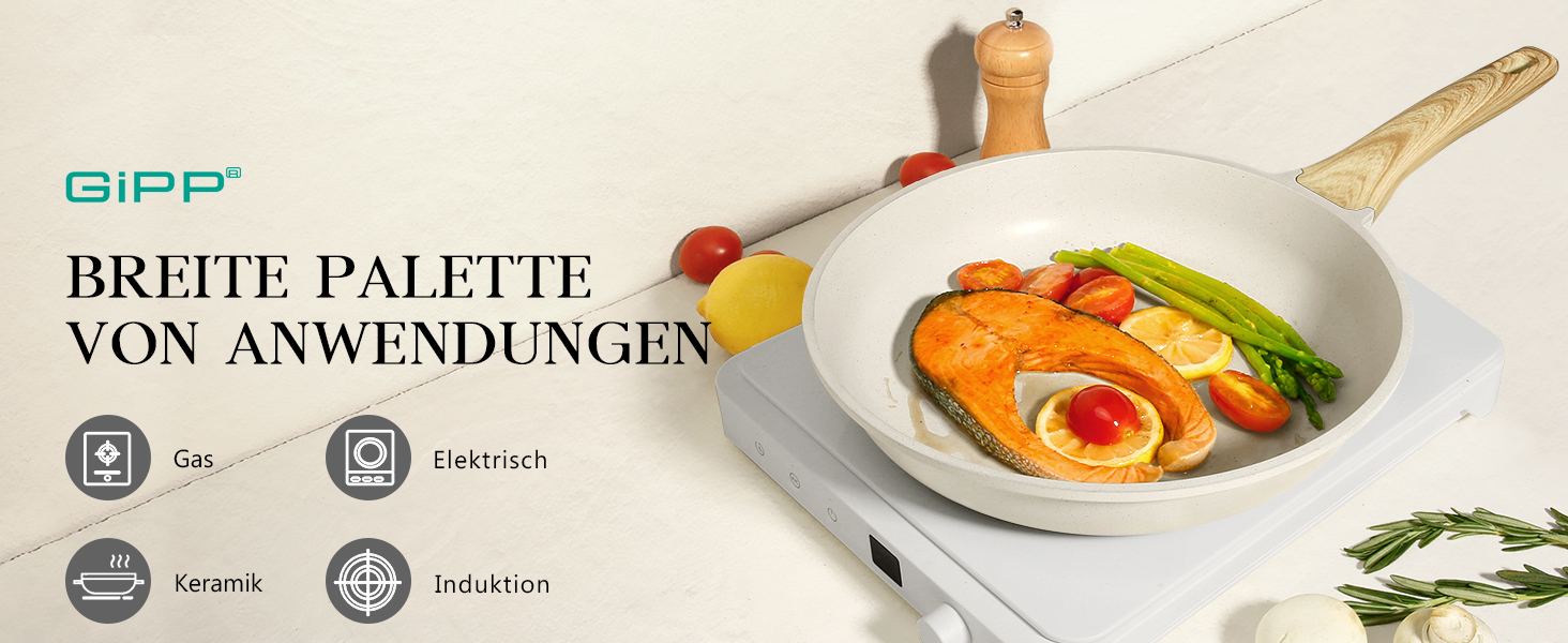 Набір посуду GiPP 10 предметів: каструлі та сковороди з гранітним покриттям, білий. Підходить для всіх типів плит, включаючи індукційні. У комплекті лопатка та ложка.