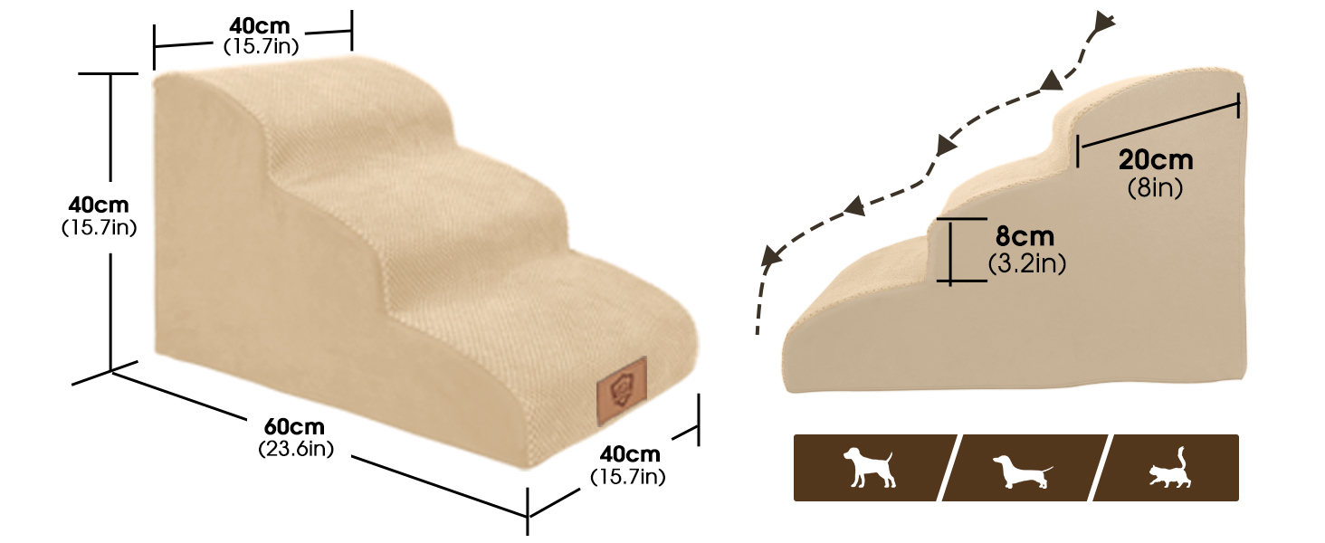 Сходинки для собак - 3 ступені, 40 см, з щільного матеріалу, для ліжка та дивану, знімний чохол, антиковзаюча поверхня, 60x40x40 см, бежевий
