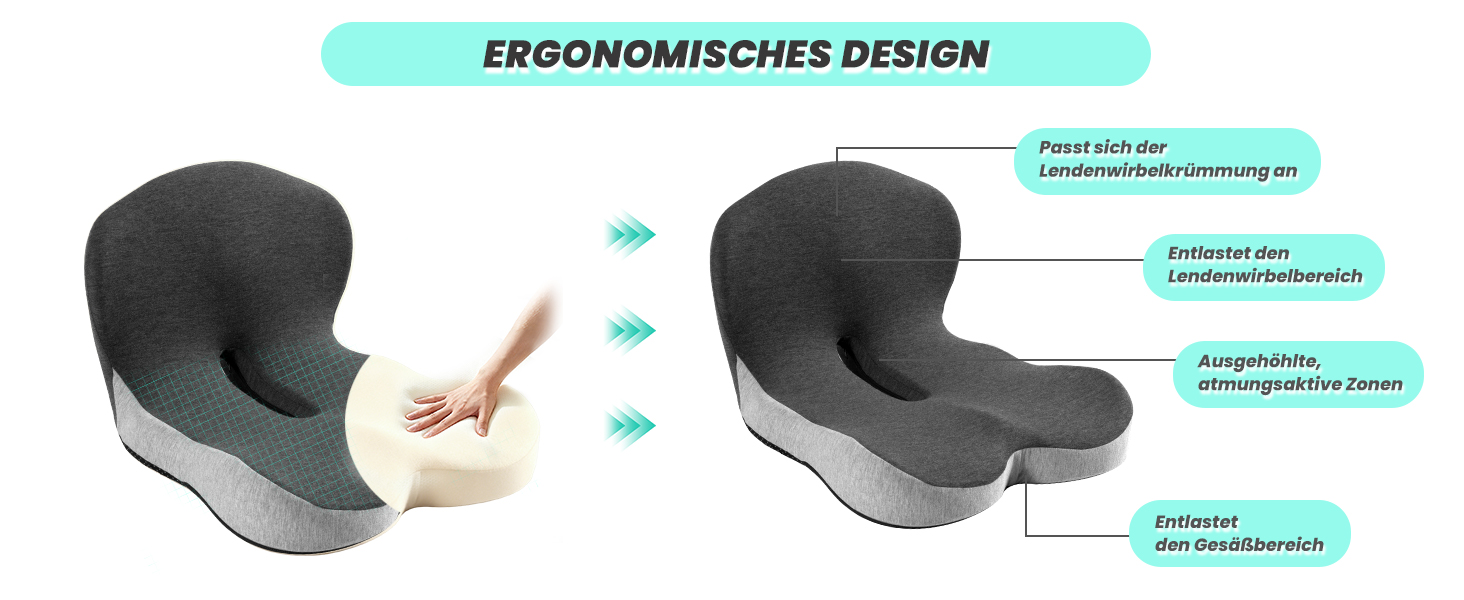 Ортопедична подушка для сидіння Urban Deco з підспинником, ергономічна подушка для спини з Memory Foam, для офісного крісла, автокрісла, інвалідного візка, чорно-сіра, 1 шт.